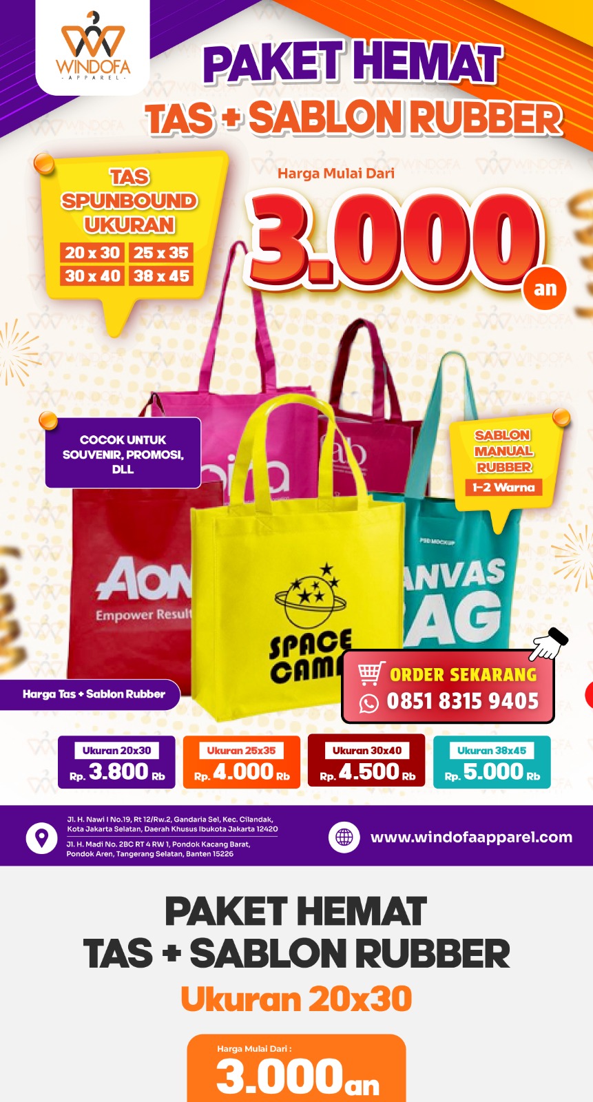 PAKET HEMAT SABLON TAS SPUNBOUND MULAI DARI 3,000AN (RUBBER)