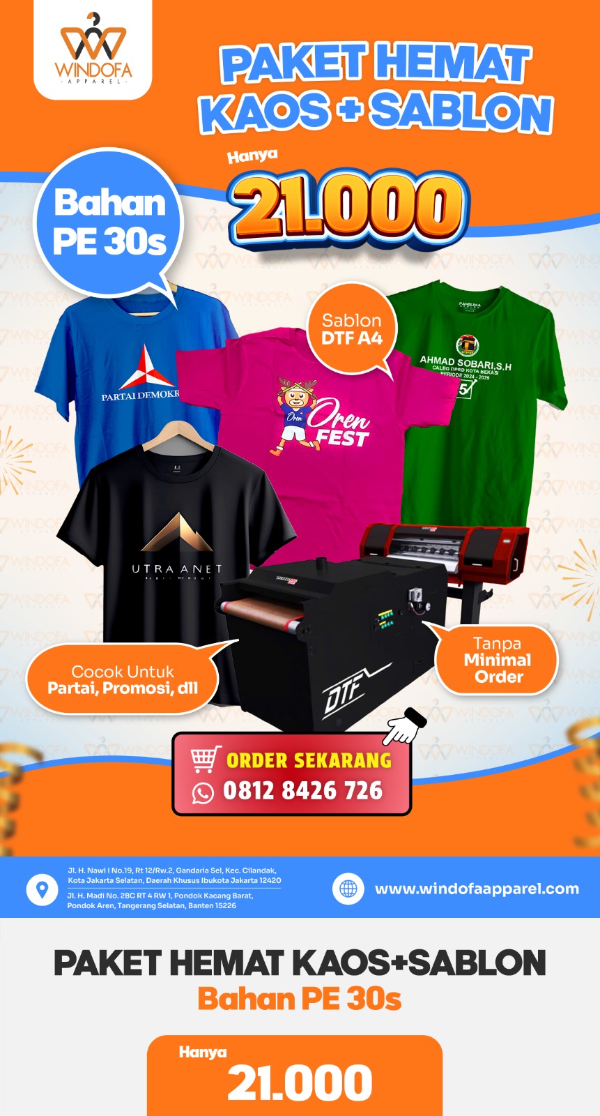 Jasa Sablon + Kaos Promosi PE Premium 30s Murah