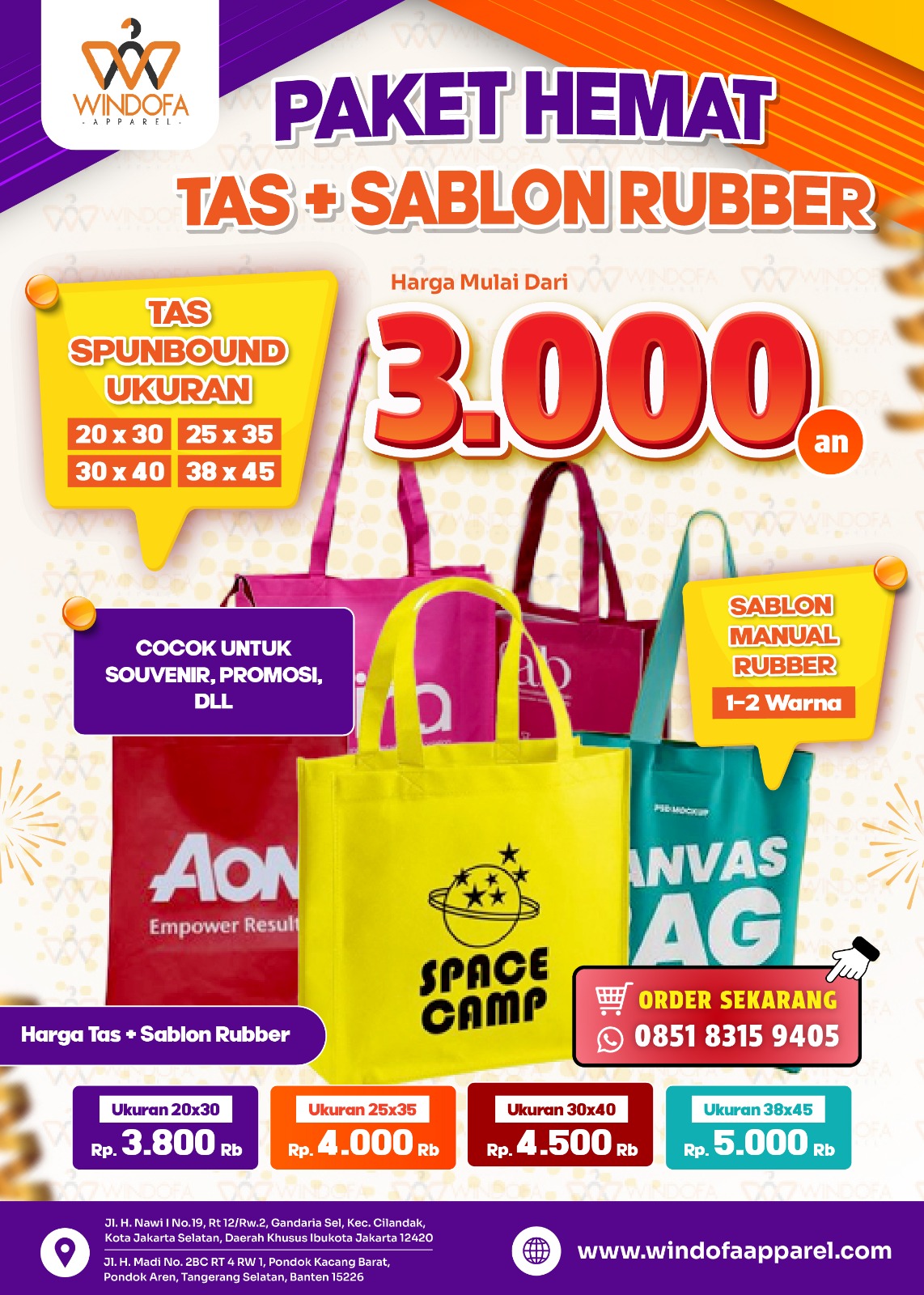 PAKET HEMAT SABLON TAS SPUNBOUND MULAI DARI 3RIBU-AN (RUBBER)