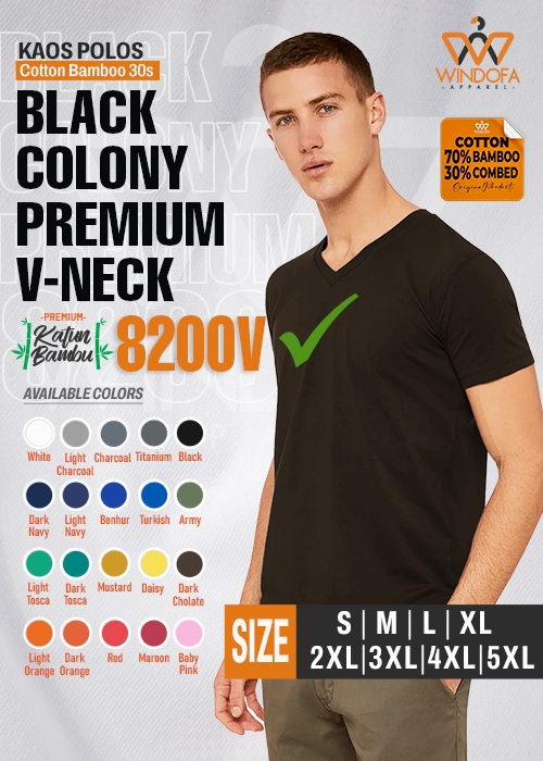 Kaos Polos Cotton Bamboo 30s V-Neck BLACK COLONY Premium 8200V