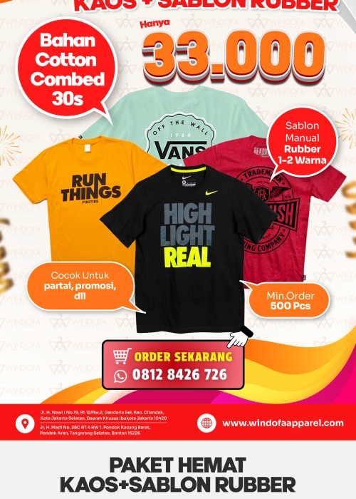 Jasa Sablon Rubber + Kaos Promosi Katun Combed Premium 30s Murah