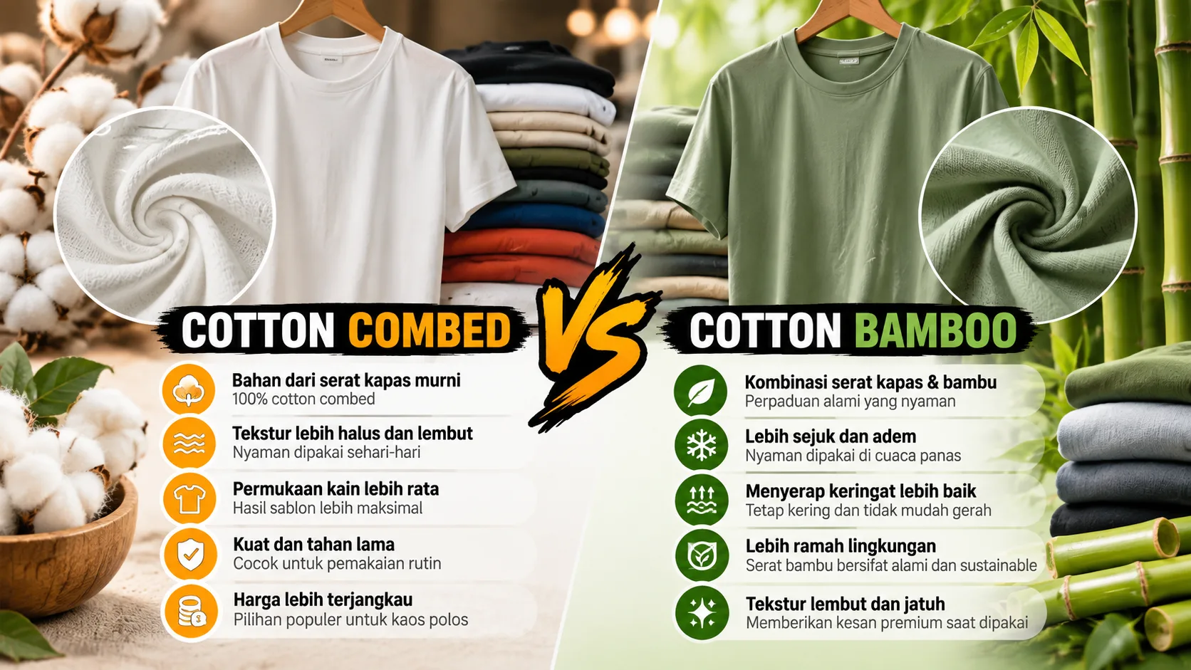 Perbedaan Kaos Polos Cotton Combed & Cotton Bamboo