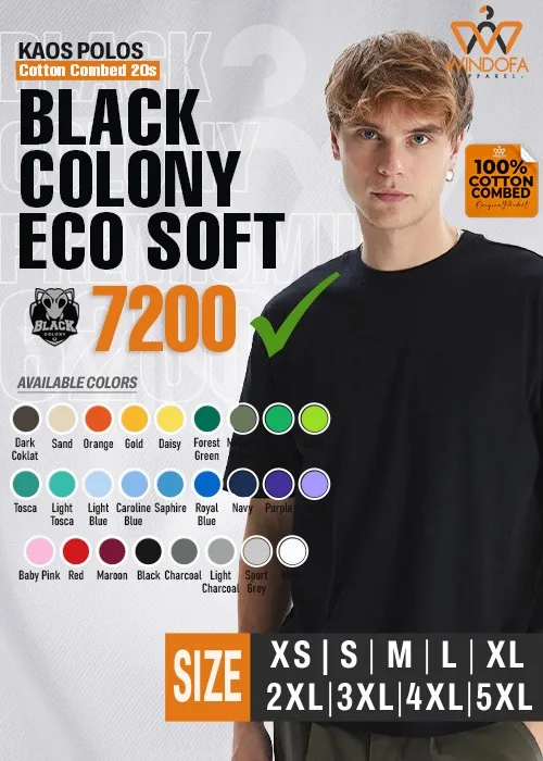 Kaos Polos Lengan Pendek Cotton Combed 20s Black Colony Ecosoft 7200 Tebal & Nyaman