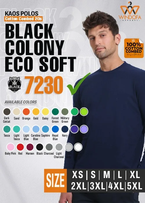 Kaos Polos Lengan Panjang Cotton Combed 20s Black Colony Ecosoft 7230 Tebal & Nyaman
