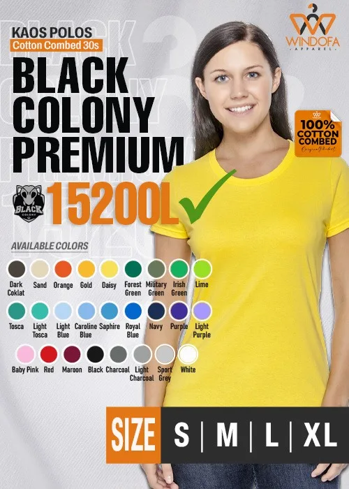 Kaos Polos Cotton Combed 30s Black Colony Premium 15200L Ladies
