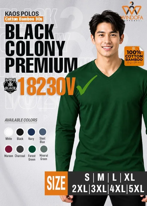 Kaos Polos Lengan Panjang v neck Cotton Bamboo 30s Black Colony Premium 18230V