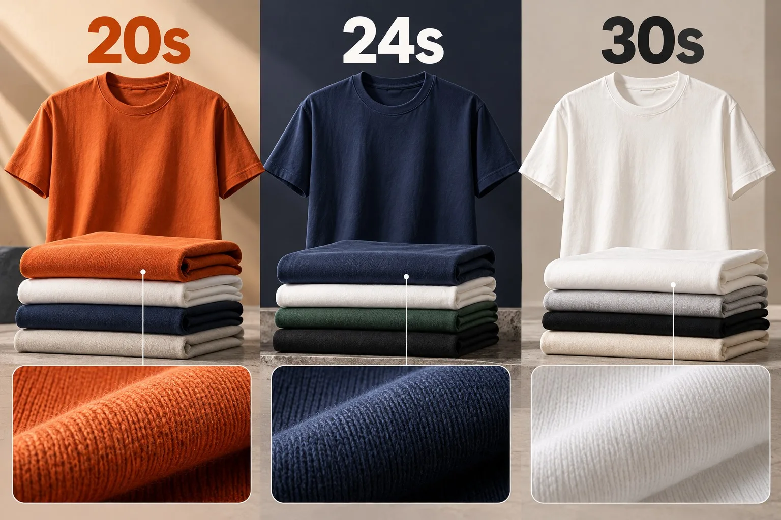 Ilustrasi perbandingan kaos cotton combed 20s 24s dan 30s
