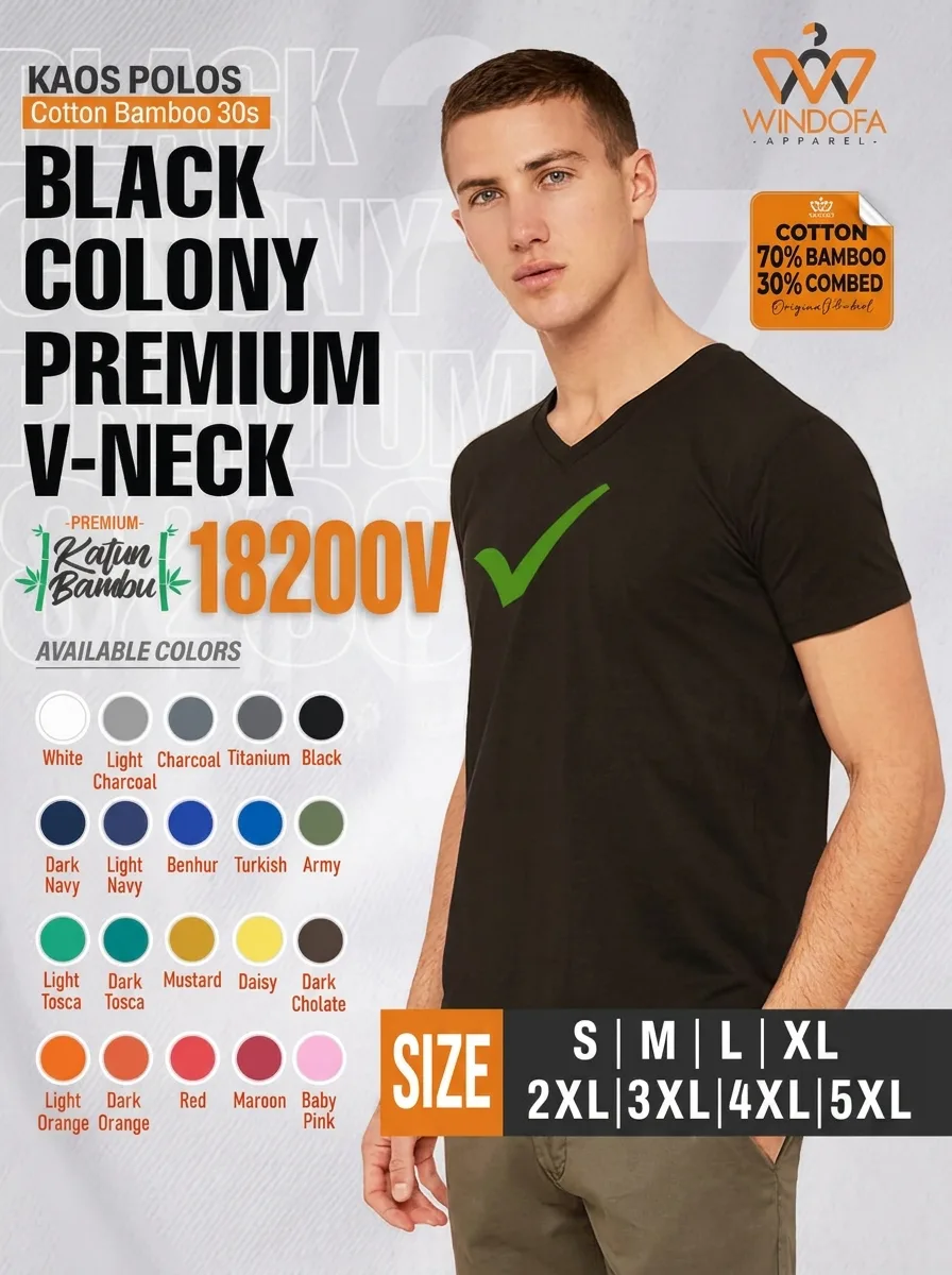 Kaos Polos Lengan Pendek V Neck Cotton Bamboo 30s Black Colony Premium 18200V